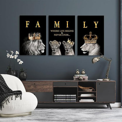 GUBIYU Family Wall Decor - Black Gold Motivational Prints Lions Art for Living & Dining Room - 16"x24"
