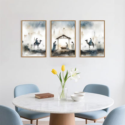 DRACIT Large Catholic Jesus Nativity Scene Framed Canvas Wall Art Set,Watercolor Holy Birth of Jesus Wall Decor,Trendy Christian Religious Artwork for Living Room,Bedroom,Church-24 x36 x3