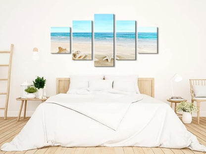 Pyradecor Seashell Large 5 panels Seascape Canvas Prints on Modern Stretched Canvas Wall Art Sea Beach Pictures Artwork for Living Room Bedroom Home Decorations L