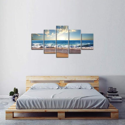 Yatsen Bridge Modern Landscape Painting on Canvas 5 Piece, Beach Ocean Pictures Wall Art for Living Room Home Decor Wooden Framed Stretched Ready to Hang (60" W x 32" H)