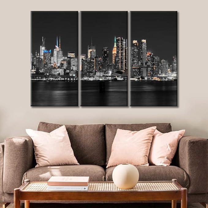 TUMOVO New York City NY USA Skyline Bathroom Decor Wall Art 3 Piece Hudson River Skyscrapers Nighttime Lightscape Black and White Wall Art Posters and Prints Framed Ready to Hang (36" Wx24 H)