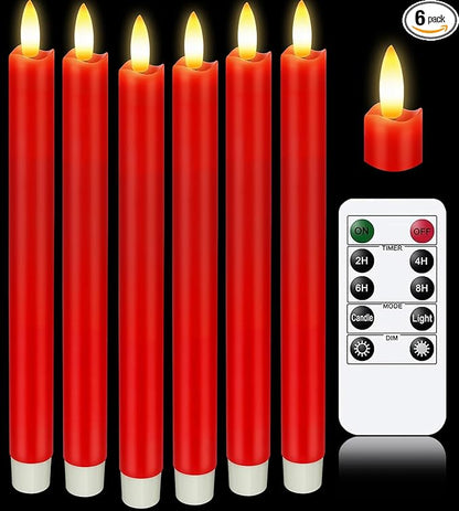 KSWING Upgraded Real Wax LED Flameless Red Taper Candles with Remote, 6 PCS Candlesticks Battery Operated 3D Flickering - 9.6" Long Realistic Fake Candle Sticks for Home/Wedding/Fireplace Xmas Decor
