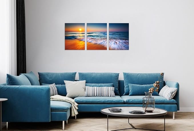 TutuBeer 3 Pcs Ocean Pictures Beach Pictures Beautiful Sunrise over the Sea Picture Print on Canvas Wall Decor Beach Picture Ocean Wall Art Stretched and Framed 16" x 24" x 3 Pcs