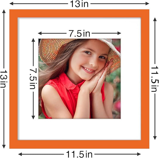 Vittanly 12x12 Picture Frames Set of 9, Shatter Resistant Plexiglass, Display 8x8 Pictures with Mat or 12x12 without Mat, Photo Frames for Wall Mount, Engineered Wood, Orange