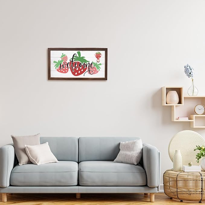 Strawberry Welcome Decoration, Rustic Hanging Wood Signs, Kitchen Wall Art, Farmhouse Home Garden Yard Decor, Wooden Framed Wall Decors, Welcome to Our Patch Sign 15×7.5×0.3 inches
