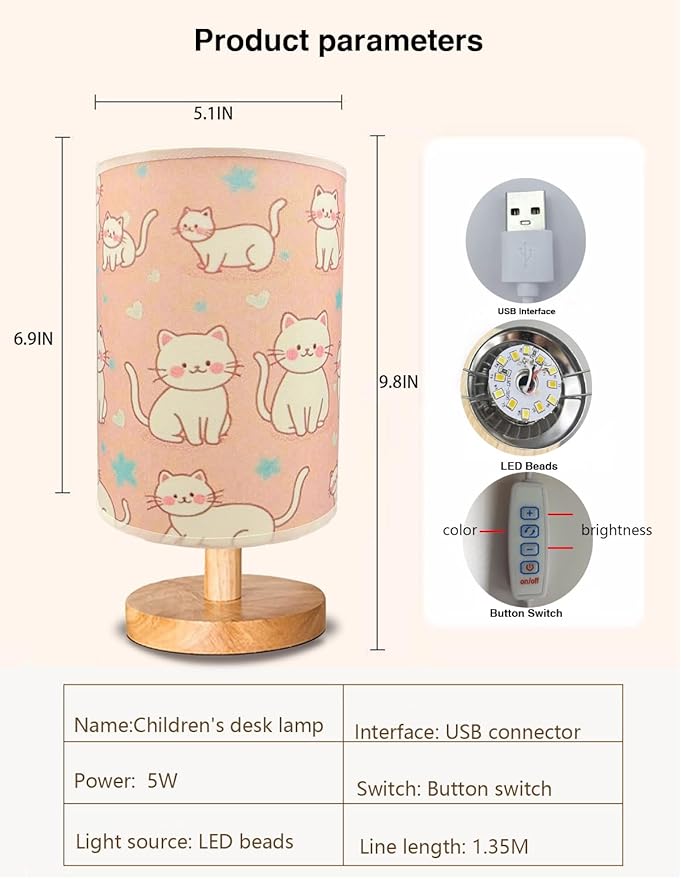 Cat Lamp, Kitty Night Light, 3 Color Changing LED Night Light with 9 Brightness Levels Wood Nightstand Desk Base Flaxen Fabric Shade for Bedroom Living Room (Pink Cat)