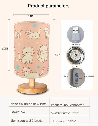 Cat Lamp, Kitty Night Light, 3 Color Changing LED Night Light with 9 Brightness Levels Wood Nightstand Desk Base Flaxen Fabric Shade for Bedroom Living Room (Pink Cat)