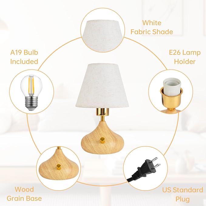 Nightstand Table Lamp with Knob Switch,Seamless Dimming, Wood Base & Fabric Shade, E26 Bulb Included, Compact Bedside Lamp for Bedroom, Living Room, Office