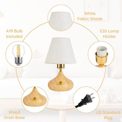 Nightstand Table Lamp with Knob Switch,Seamless Dimming, Wood Base & Fabric Shade, E26 Bulb Included, Compact Bedside Lamp for Bedroom, Living Room, Office