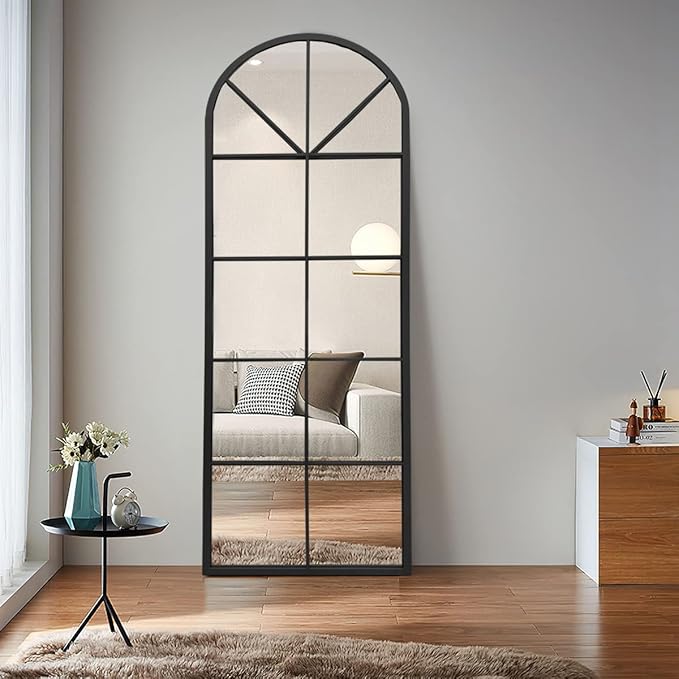 Floor Full Length Mirror, Black Arched-Top Mirror Full Length, Large Window Pane Body Mirrors, 65"x22" Wall Mounted Standing Mirrors Hanging or Leaning for Bedroom, No Stand