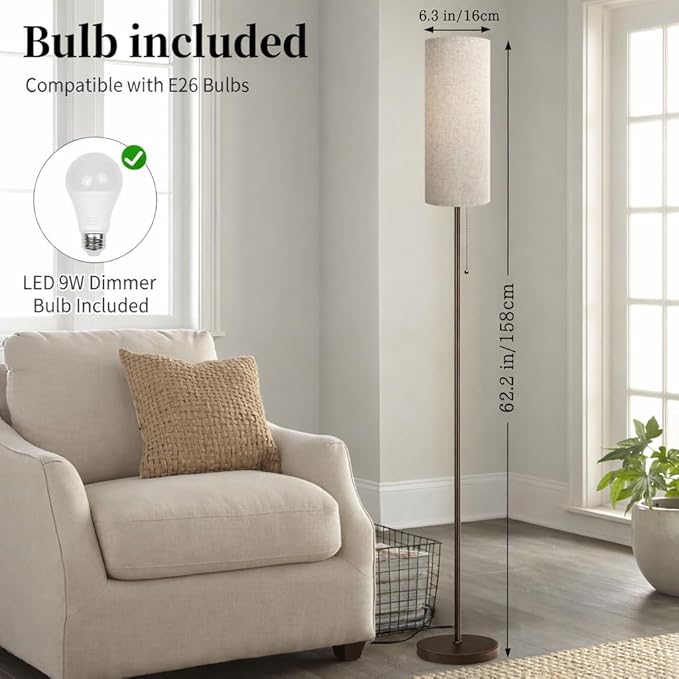 Ldeco Floor Lamp for Living Room, Modern Standing Lamps with Lampshade, Minimalist Tall Lamp with Chain Switch for Living Room, LED Bulb Included (Beige+Brown)