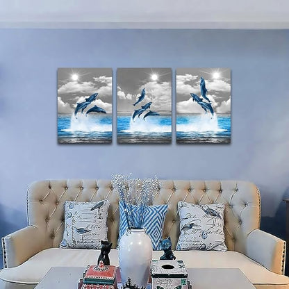 TTHYUEWS Canvas Wall Art For Bedroom Modern Wall Decor For Living Room Black and White Seascape Blue Ocean Wall Painting Animal Dolphin Abstract Pictures Artwork Bathroom Home Decor 3 Piece 12x16