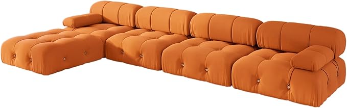 138'' Modular Sectional Couch, L-Shaped Velvet Sofa with Reversible Chaise Ottoman, Minimalist Bubble Couch, Modern Cloud Sectional Couches for Living Room, Apartment (4 Seats, 1 Ottoman, Orange)