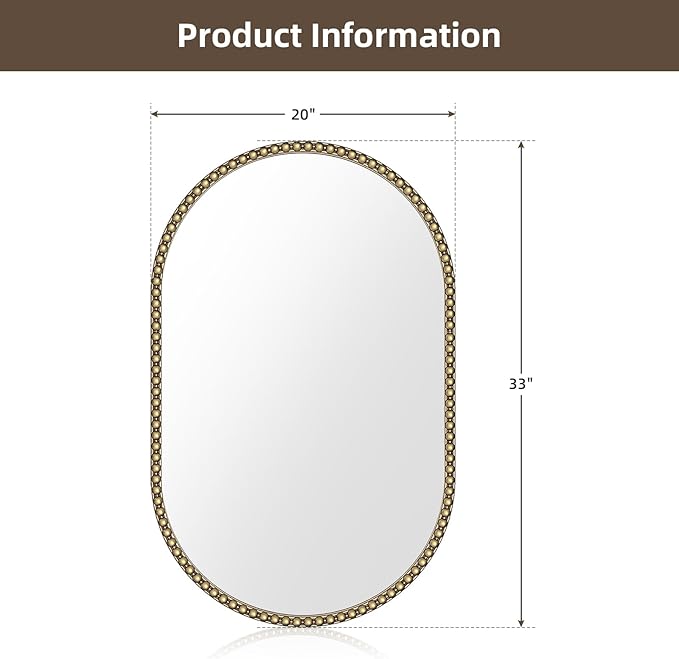 Champagne Bronze Bathroom Mirror, 20x33 Inch Vintage Gold Beaded Oval Mirrors, Antique Brass Decorative Mirror for Living Room, Bedroom, Entryway, Fireplace