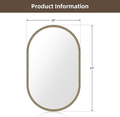 Champagne Bronze Bathroom Mirror, 20x33 Inch Vintage Gold Beaded Oval Mirrors, Antique Brass Decorative Mirror for Living Room, Bedroom, Entryway, Fireplace