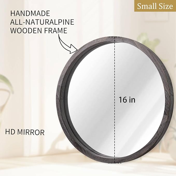JJUUYOU Circle Wall Mirror 16 Inch Wooden Round Wall Mirror for Bathroom Vanity Gray Circular Mirror Washroom Wall Mounted Wood Frame Make up Mirror for Living Room Bedroom Dorm