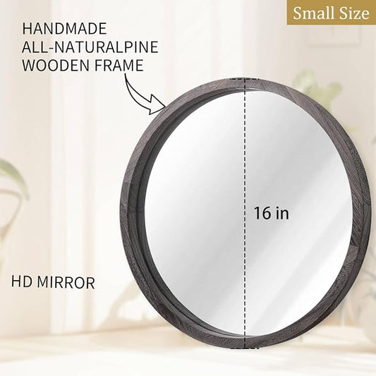 JJUUYOU Circle Wall Mirror 16 Inch Wooden Round Wall Mirror for Bathroom Vanity Gray Circular Mirror Washroom Wall Mounted Wood Frame Make up Mirror for Living Room Bedroom Dorm