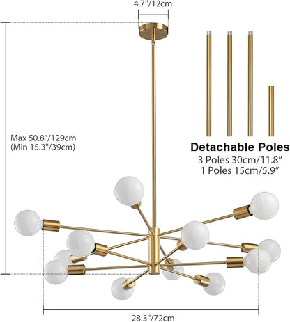 RUIYEY Modern Sputnik Chandeliers Light, 12-Light Gold Gold Dining Room Chandelier Over Table, Height Adjustable Industrial Semi Flush Mount Mid Century Chandelier for Kitchen Island Living Room