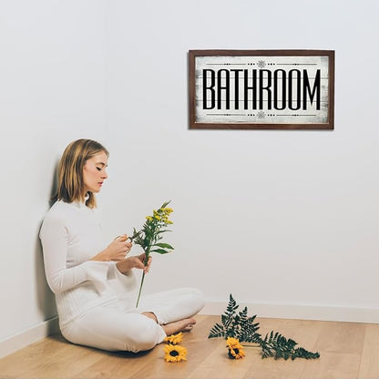 Bathroom Signs, Rustic Bathrooms Decor, Farmhouse Home Decors for Bathroom Restroom Toilet, Bathrooms Wall Art, Decorative Signs and Plaques, Wooden Framed Wall Decor 15×7.5×0.3 inches