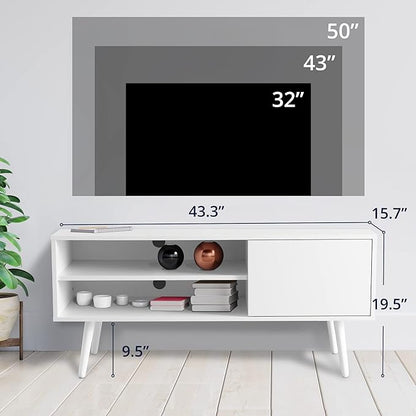 Cozy Castle TV Stand for 48-55 Inch TV, Mid Century Modern Entertainment Center with Storage Cabinet, TV Media Console with Charging Station for Living Room (White, 43.3" W x 15.7" D x 19.5" H)