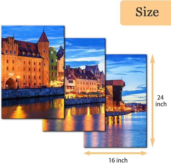 Pacimo 3 Pieces Framed Wall Art Decorations Wisla River Landscape Painting Print on Canvas Gdansk Poland Cityscape Wall Art for Home Office Decor Modern Artwork Stretch Ready to Hang - 16"x24"x3