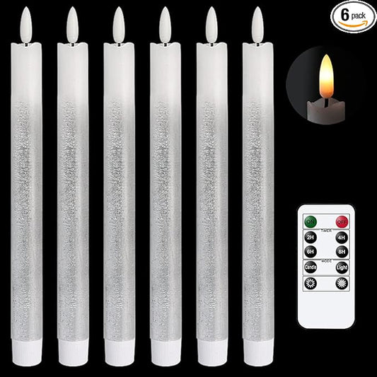 Silver Flameless Taper Candles Battery Operated with Remote Timer, Real Wax 3D Wick Flickering LED Taper Candles Dinner Wedding Holiday Decor(6 Pack, 0.78 x 9.64 Inches)