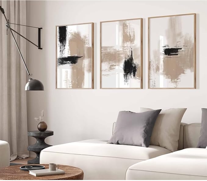 Joocrise Beige Abstract Wall Art Painting Set of 3 Neutral Canvas Wall Art Prints Black Beige Modern Wall Decor Minimalist Art Pictures Abstract Modern Artwork for Room Bedroom 12x16 Inch Unframed