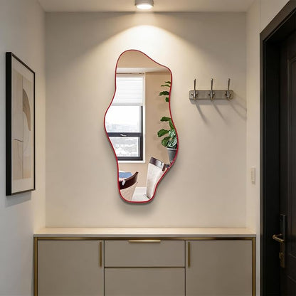 Irregular Tempered Glass Mirror, 35.8"x17.7" Red Asymmetrical Wall Mirror, Modern Abstract Frameless Mirrors for Living Room Bathroom Bedroom Entryway, Horizontal or Vertical Hanging