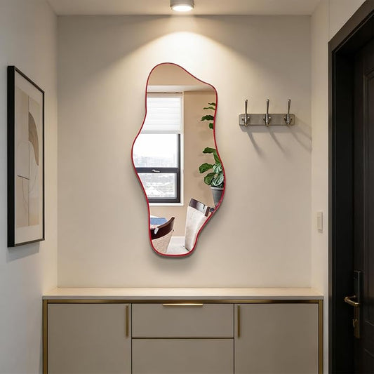 Irregular Tempered Glass Mirror, 35.8"x17.7" Red Asymmetrical Wall Mirror, Modern Abstract Frameless Mirrors for Living Room Bathroom Bedroom Entryway, Horizontal or Vertical Hanging
