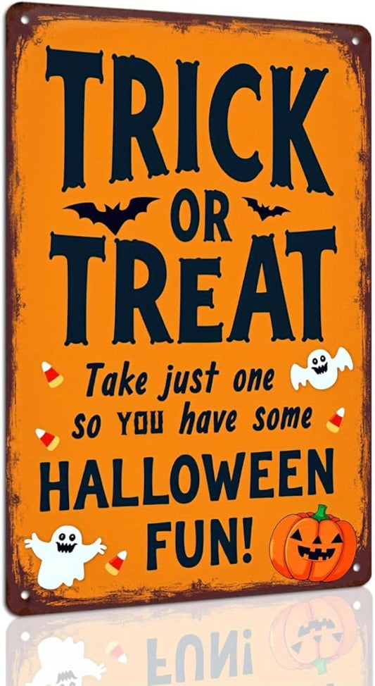 Trick or Treat Halloween Metal Tin Sign Vintage Halloween Wall Decor for Home Kitchen Entryway and Office Rustic Halloween Decorative Signs Metal Poster 8x12 Inch