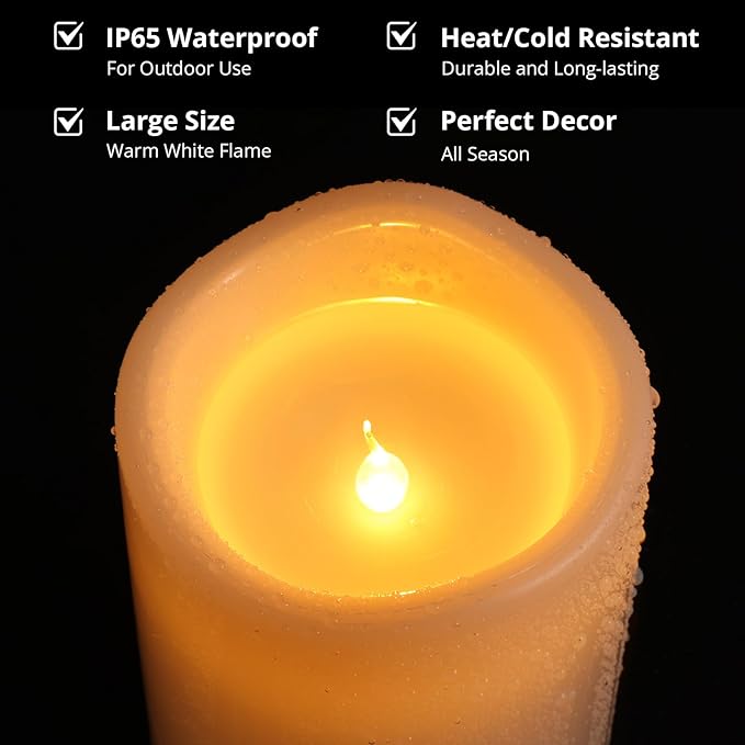NURADA Large Outdoor Flameless Candles 6" 8" 10" x 5" - Waterproof LED Pillar Flickering Candle Battery Operated with Timer Remote for Patio Porch Lanterns - Ivory White Set of 3