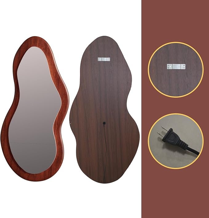 48"x 24" LED Wood Full Length Mirror with Lights Irregular Wavy Full Body Mirror Shatter-Proof Hanging/Leaning Wall Mounted Walnut Wooden Framed for Dressing Bedroom Living Room