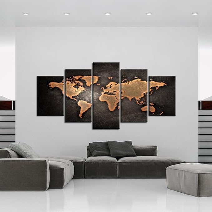 KREATIVE ARTS Retro World Map Poster Framed 5 Pcs Giclee Canvas Prints Vintage Abstract World Map Painting Printed on Canvas Ready to Hang for Living Room Office Decor Gift (XLARGE SIZE 79x40inch)