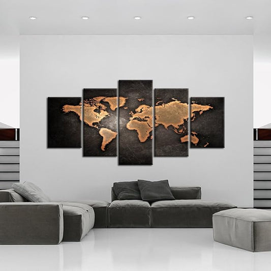 KREATIVE ARTS Retro World Map Poster Framed 5 Pcs Giclee Canvas Prints Vintage Abstract World Map Painting Printed on Canvas Ready to Hang for Living Room Office Decor Gift (XLARGE SIZE 79x40inch)