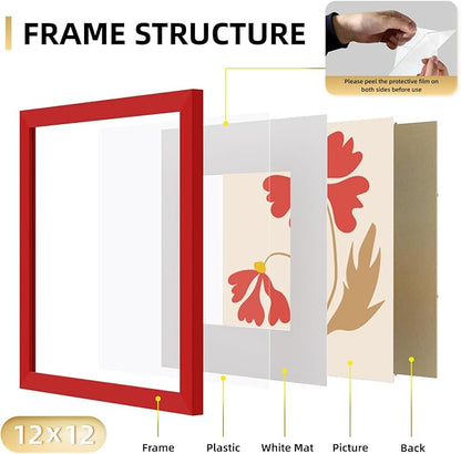 YESKAY 12x12 Picture Frame Set of 9, Photo Gallery Wall Frame Set, Display Pictures 8x8 with Mat or 12 x 12 Without Mat, Square Frame Picture Frames Collage Wall Decor, Red