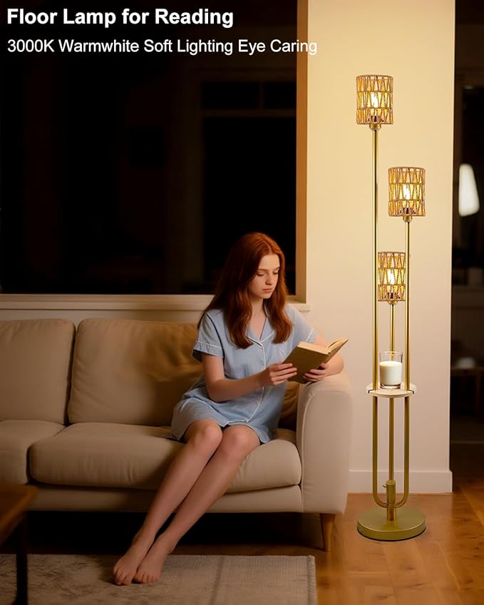 63IN Dimmable Floor Lamp with Shelf, Gold Rattan Tall Standing Lamps Candle Holder Style, 3000K Warmwhite Mid Century Modern Floor Lamp with 5Lbs Heavy Base for Living Room (Bulbs Included)