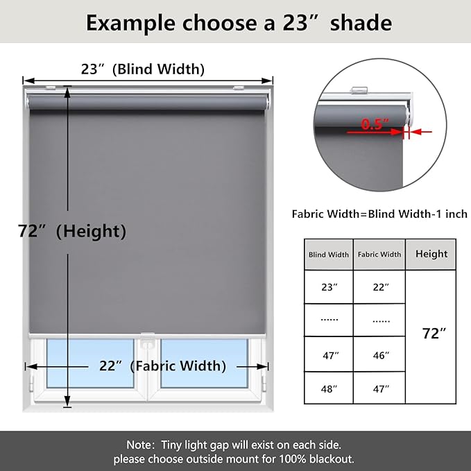Cordless Roller Shades Blackout Blinds for Windows Room Darkening Rolled Up Shades with Spring System, UV Protection Window Shades Door Blinds for Home and Office (68" W x 72" H, Grey)