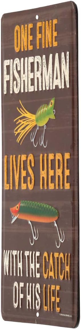 Fisherman With the Catch of His Life Embossed Metal Sign - Funny Fishing Wall Art for Garage, Lake House or Man Cave