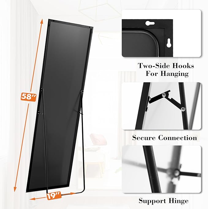 Sweetcrispy 58"x19" Full Length Mirror, Full Body Mirror with Aluminum Alloy Thin Frame, Leaning or Standing, Suitable for Bedroom, Livingroom, Cloakroom, Black