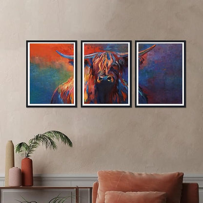 Colorful Highland Cow Framed Canvas Wall Art Set of 3 Vibrant Abstract Cow Decor for Office Nursery Living Room Bedroom Funny Farmhouse Cow Print Artwork Wall Decor Easy to Hand 12x16inchx3pcs
