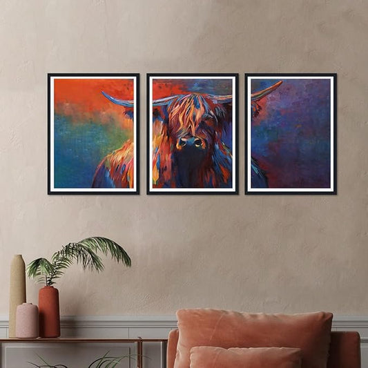 Colorful Highland Cow Framed Canvas Wall Art Set of 3 Vibrant Abstract Cow Decor for Office Nursery Living Room Bedroom Funny Farmhouse Cow Print Artwork Wall Decor Easy to Hand 12x16inchx3pcs