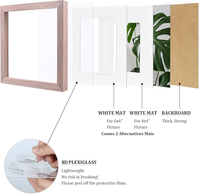 Egofine 8x8 Picture Frame 4PCS, Made of Solid Wood Covered by Plexiglass Display 4x4/6x6 with Mat or 8x8 without Mat, for Table Top Display and Wall Mounting Photo Frame, Peach Pink