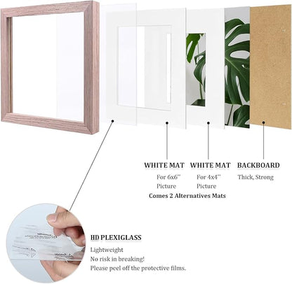 Egofine 8x8 Picture Frame 4PCS, Made of Solid Wood Covered by Plexiglass Display 4x4/6x6 with Mat or 8x8 without Mat, for Table Top Display and Wall Mounting Photo Frame, Peach Pink