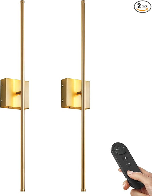 KARTOOSH Battery Operated Wall Sconces with Remote Control, Dimmable Wall Sconces Set of Two, 350°Rotate, 3000K LED Gold Wireless Wall Light for Living Room, Hallway, Bedroom, 40.1 Inch (2 Pack)