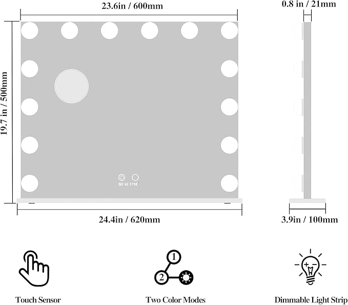 ANYHI Vanity Mirror with Light, Large Hollywood Lighted Makeup Mirror 14 Dimmable LED Bulbs, Smart Touch Control, Tabletop or Wall-Mounted, Detachable 10x Magnification, 24.4" x 20.2" (Silver)