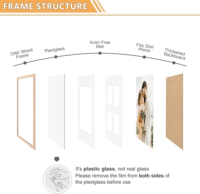12x16 Picture Frame,OAK Wood Photo Frame 8.5x11 with Mat or 4x6 with 4 Mat with Perspex Glass for Vertical or Horizontal Wall Display for Photo, Christmas Gift,Set of 4