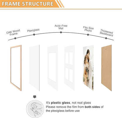 12x16 Picture Frame,OAK Wood Photo Frame 8.5x11 with Mat or 4x6 with 4 Mat with Perspex Glass for Vertical or Horizontal Wall Display for Photo, Christmas Gift,Set of 4