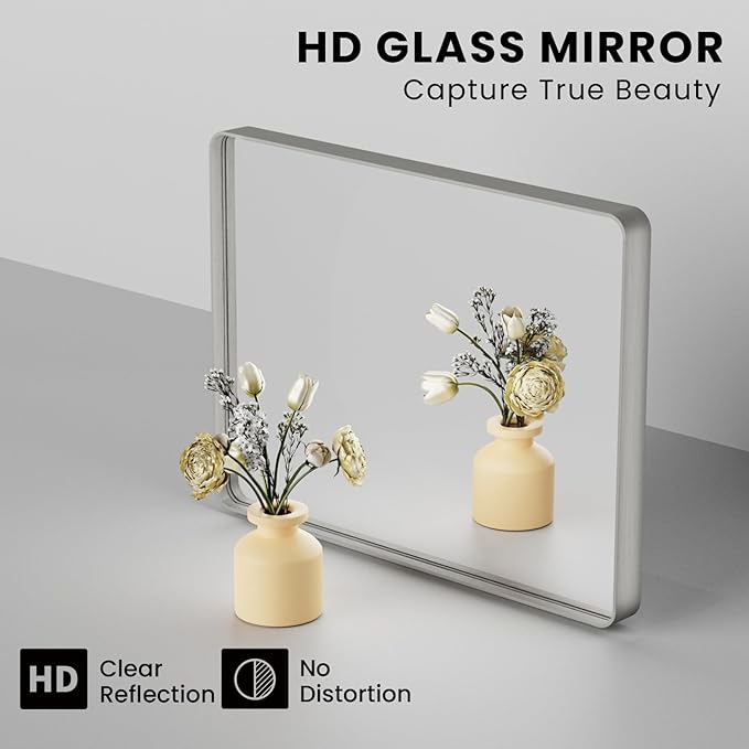 JISOSO Brushed Nickel Bathroom Mirror 38x38 Inch, Brushed Silver Metal Frame Mirror Wall Mounted, Rounded Bathroom Vanity Mirror, Tempered Glass, Anti-Rust, Horizontal/Vertical