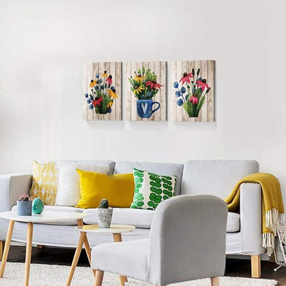 Vintage Wood grain plant flowers wall art for kitchen Wall Decorations for Living Room Bathroom Decorations room Wall decor 3 Pieces Framed Canvas print Artwork modern Office Home Decor painting