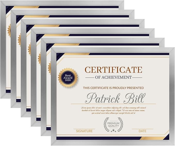 8.5x11 Picture Frame Set of 6, Certificate Document Frame, Diploma Frame, Display Pictures 6x8 with Mat or 8.5x11 Without Mat,Silver